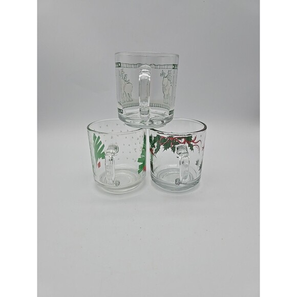 Lot of 3 Vintage Christmas Coffee Mugs Anchor Hocking & Luminarc Clear Glass - Picture 4 of 11